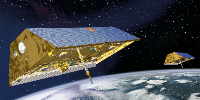 De to satellitter GRACE 1 OG 2 har kredset om Jorden med DTU-udstyr ombord og hentet klimadata siden 2002, her i 2017 slutter missionen. (Illustration:NASA)