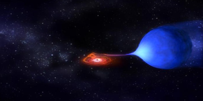 Illustrationen viser, hvordan en tung neutronstjerne trækker materiale fra en større, men lettere 'følge'-stjerne i Mælkevejen. (Illustration: NASA)