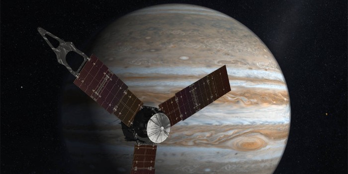 Et kamera fra DTU Space på Nasa's Juno mission har i 2021 fundet store mængder støv, som kan stamme fra Mars. (Illustration: Nasa)