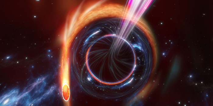 New research published in Nature with DTU Space contributions describe a phenomenon called a 'jetted Tidal Disruption Event', where a star get close to a black hole and is ripped apart while spewing a luminous jet of matter into space. (Illustration: Carl Knox. OzGrav, ARC Centre of Excellence for Gravitational Wave Discovery, Swinburne University of Technology)