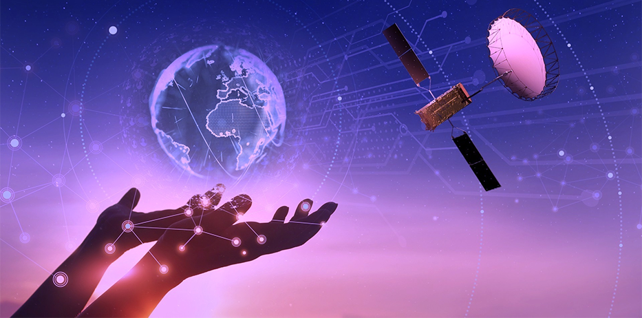 graphical illustration showing hands holding earth, and a passing satellite