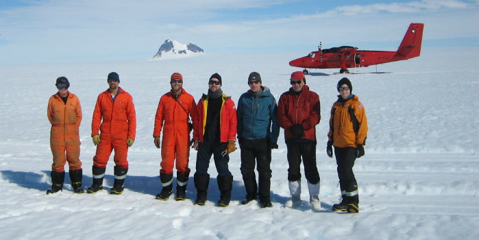 DTU Space and University of Leeds scientists on joint mission in Antarctica January 2018 to conduct airborne and in-situ satellite validation for ESA at Stange Ice shelf, at the Antarctic Peninsula. (Photo: DTU Space)