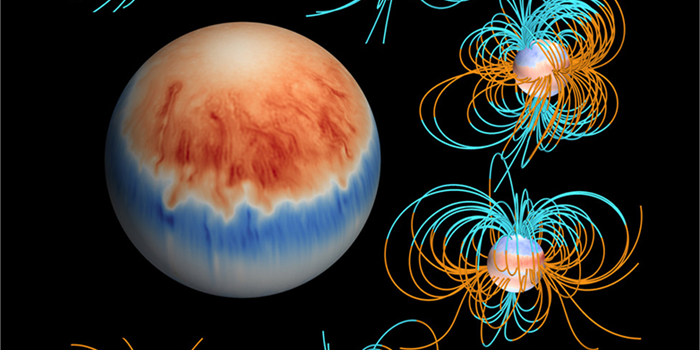 Surfaces of the liquid metal region surrounded by magnetic field lines represent consequent moments of the modeled geomagnetic reversal. The big sphere is the close up of the surface of the liquid core in the first snapshot. (Image: J. Favre, A. Sheyko).